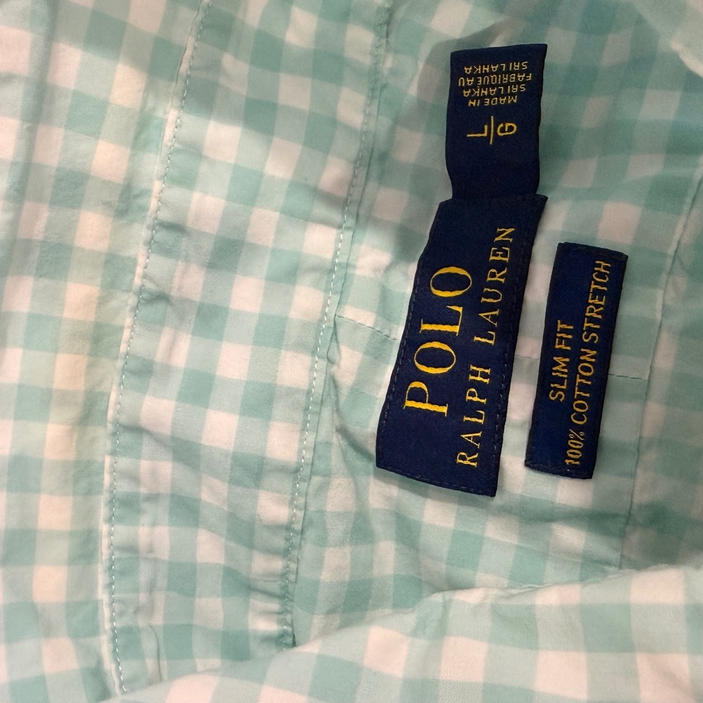 Polo Ralph Lauren Button Down Mens Large Green Gingham Check Cotton Stretch Pony - Picture 6 of 9